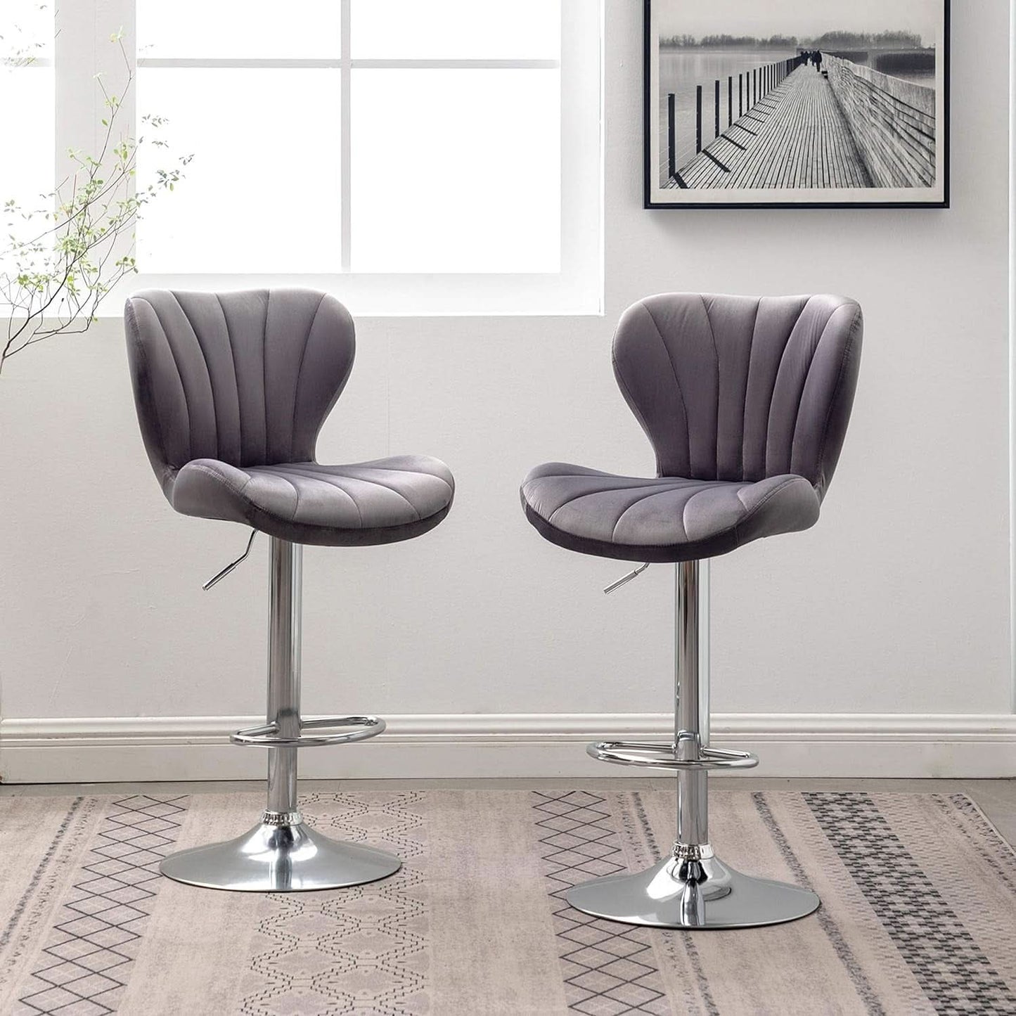 Velvet Adjustable Swivel Barstools Gray Set of Two