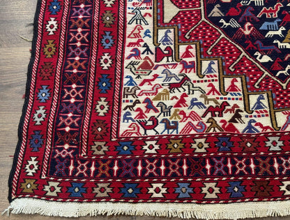 Persian Soumak Kilim Rug 4x6, Triple Medallions Tribal Pictorials, Caucasian Azerbaijani Kilim