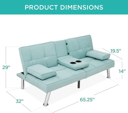 Linen Folding Futon Sofa Bed Aqua With Removable Armrests