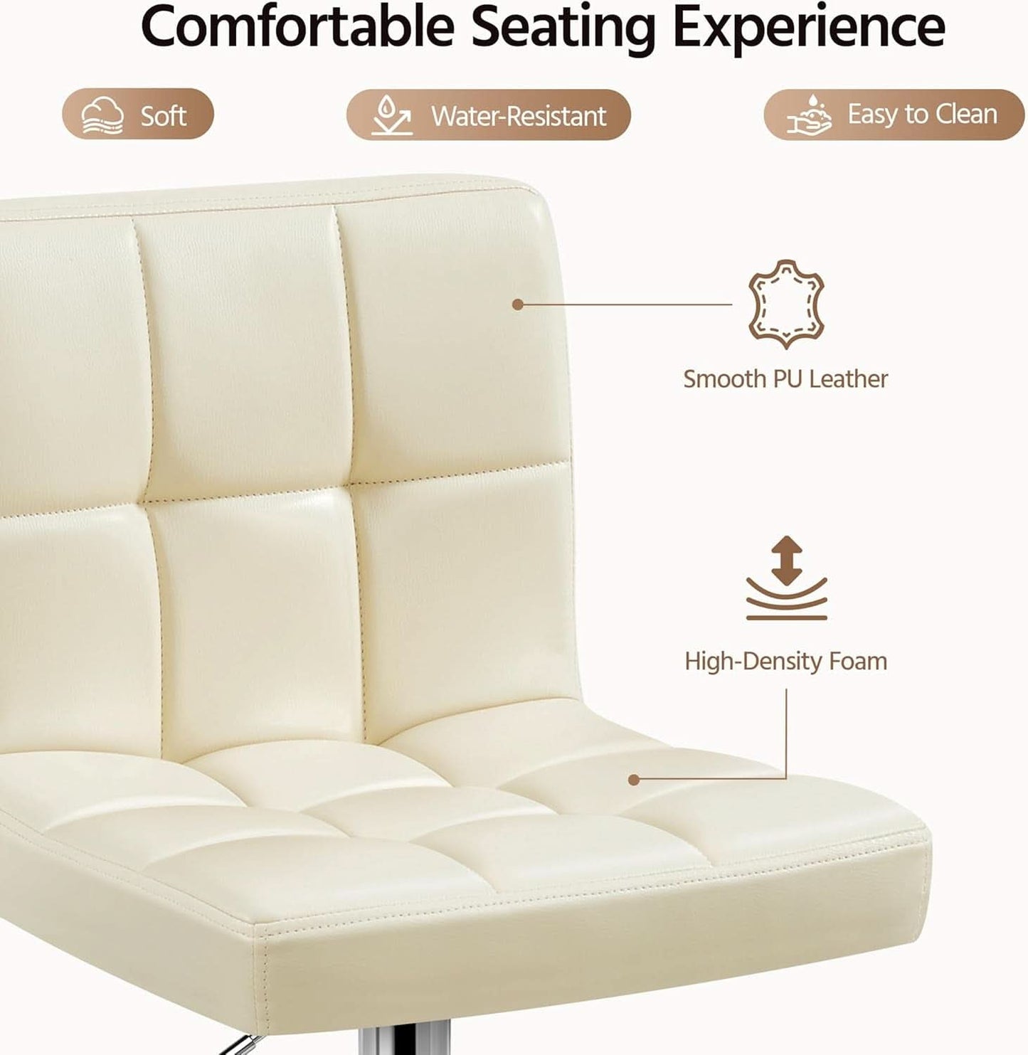 Beige Adjustable PU Leather Swivel Bar Stools Set Of 2