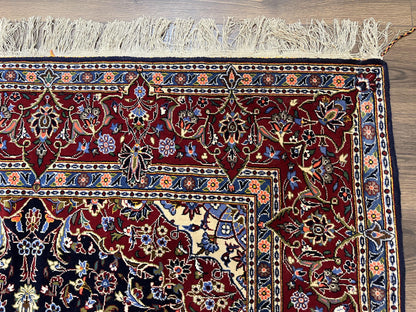 Dark Blue Persian Rug 5x8, Kork Wool Semi Antique Kashan Carpet, Very Fine Lachak Toranj Rug, Hand Knotted Floral Medallion Rug, 5 x 8 Oriental Rug
