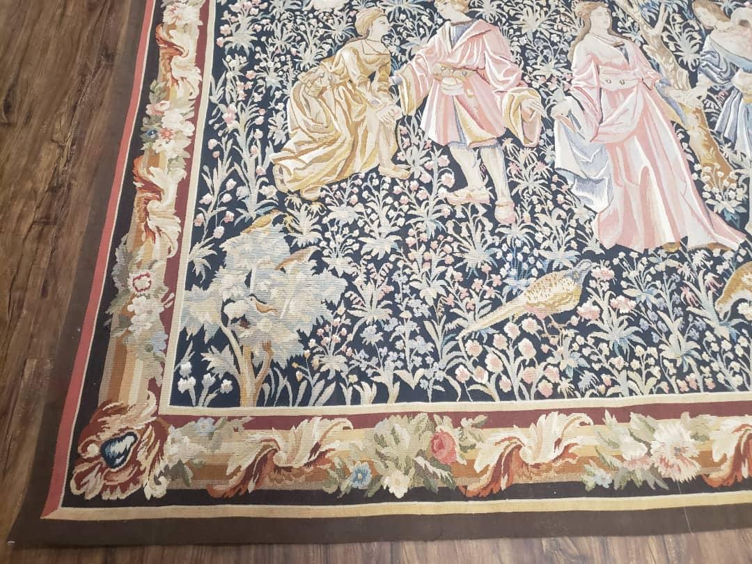 Vintage European Tapestry 5.4 x 7.11, Antique Style European Wall Hanging, Aubusson Weave Handmade Tapestry, Courtship Dating Scene, Animals