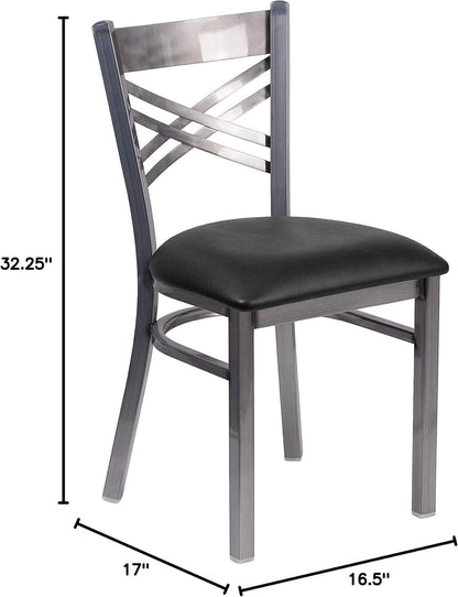 Two Pack Hercules Series Clear Coated X Back Metal Restaurant Chair Black Vinyl Seat