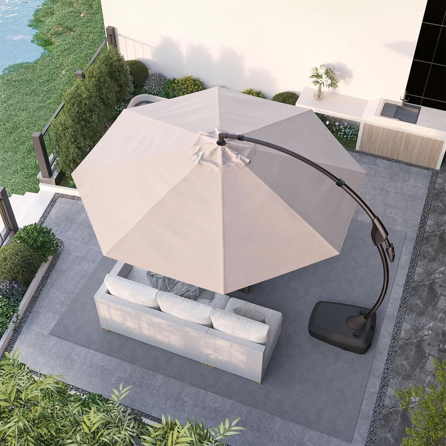 11ft Cantilever Umbrella With Base Champagne Aluminum Outdoor Patio Shade Durable Frame