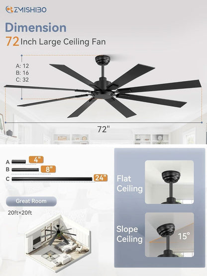 72 Inch Black Ceiling Fan With Remote 8 Blades DC Motor