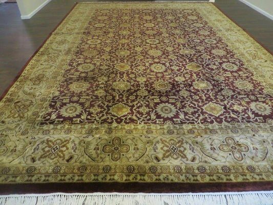 Indian Agra Rug 10x14 Vintage Handmade Larastan Wool Carpet Maroon Floral