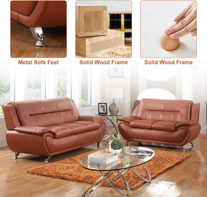 Faux Leather Two Piece Sofa Set In Orange With Wood Frame