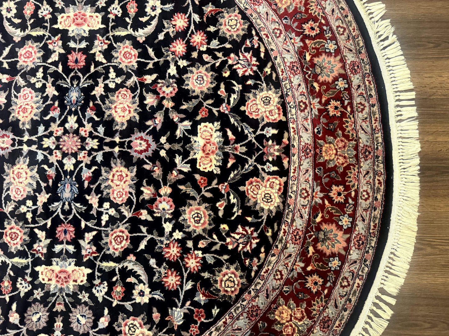 Round Sino Persian Rug 6x6, Floral, Navy Blue and Red, Wool and Silk Highlights
