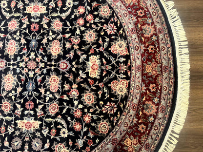 Round Sino Persian Rug 6x6, Floral, Navy Blue and Red, Wool and Silk Highlights