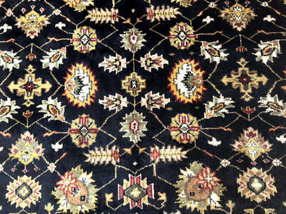 Indo Persian Mahal Rug 8x10, Black and Gold, Wool Hand Knotted Oriental Carpet