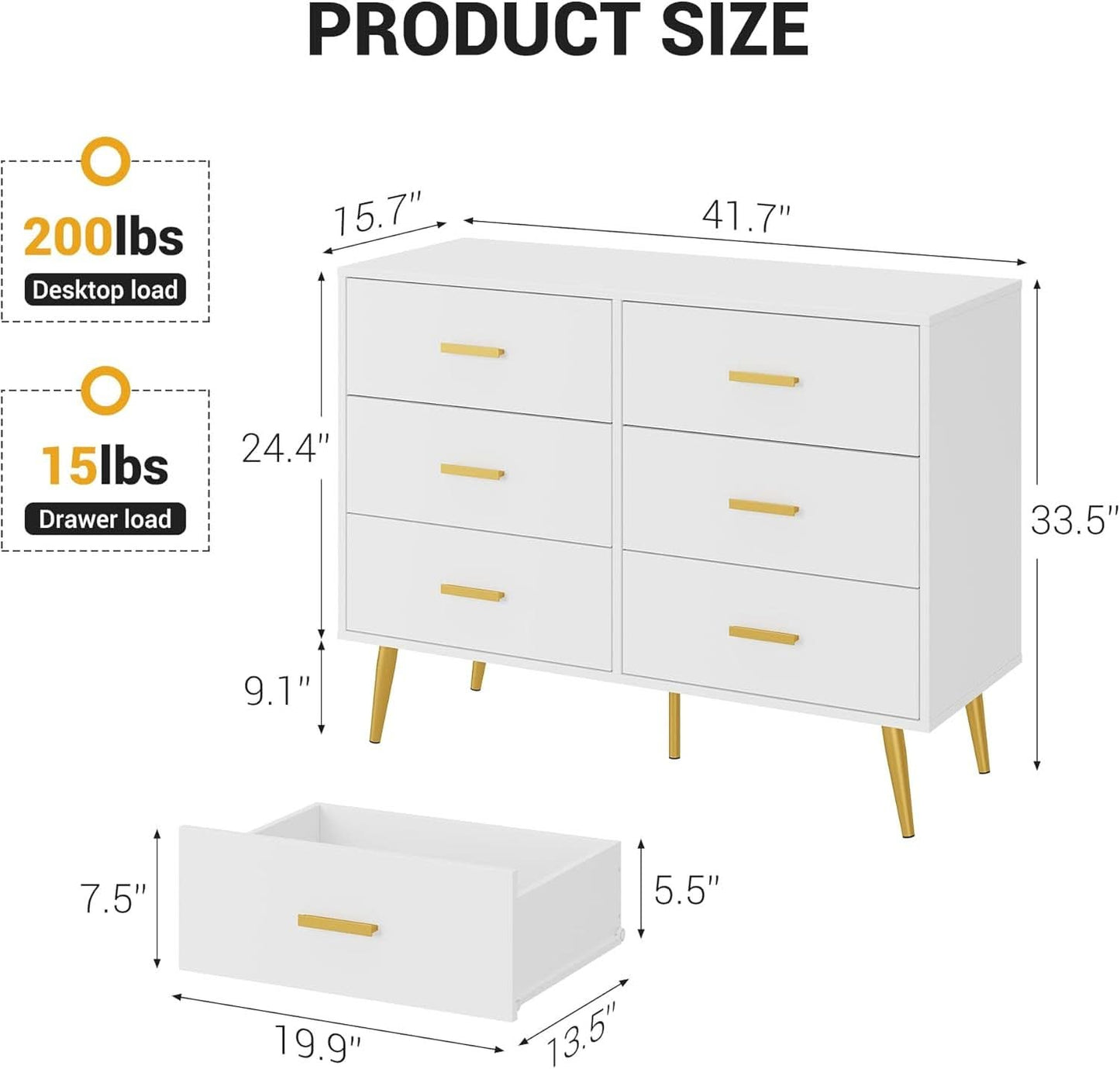 White Six Drawer Dresser Featuring Goldtone Handles