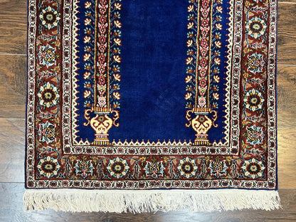 Indo Persian Prayer Rug 3x5, Fine Oriental Carpet, Dark Blue and Red, Vintage Hand Knotted Handmade Prayer Rug