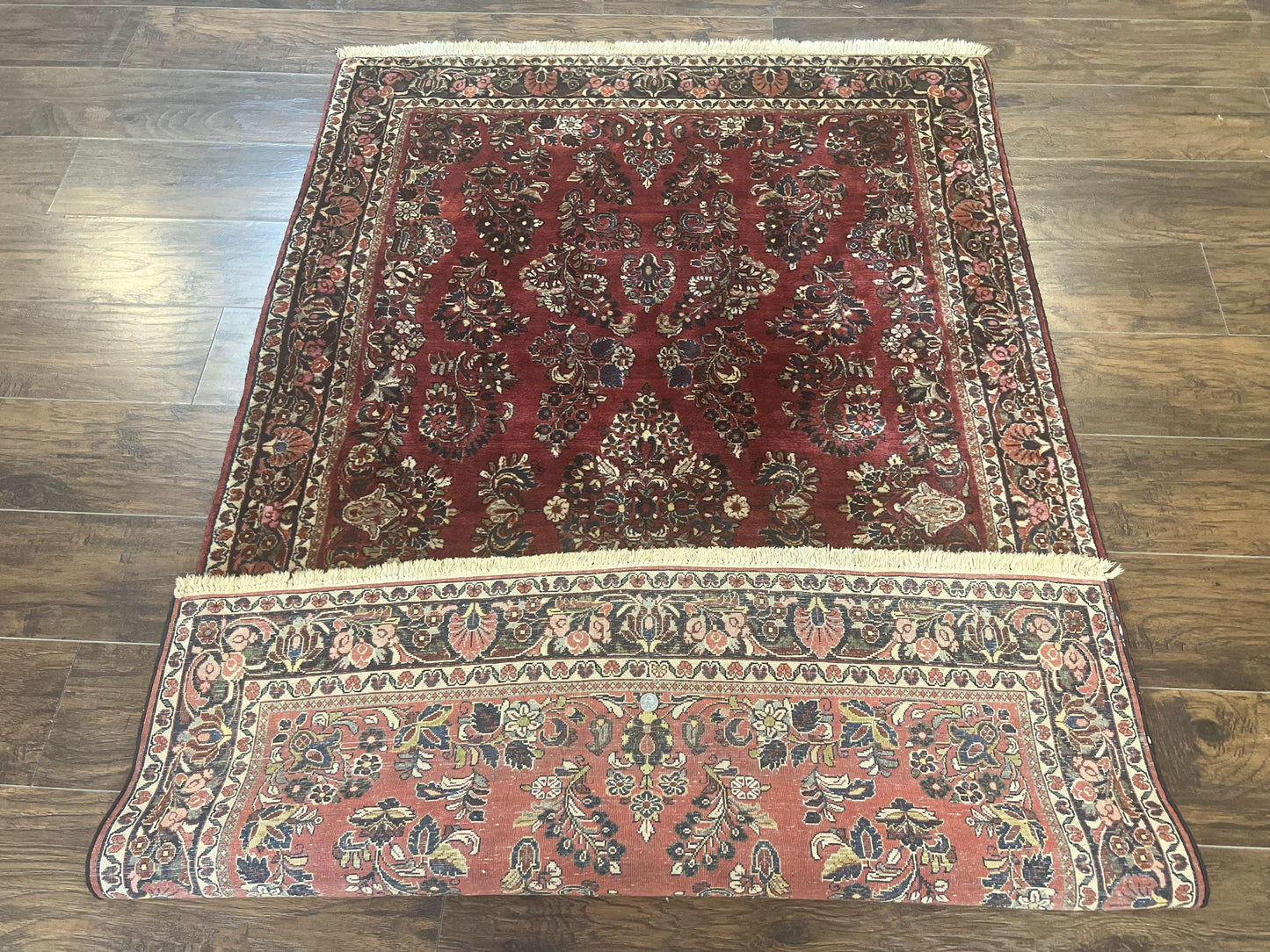 Antique Persian Sarouk Rug 4x7, Hand Knotted Wool Red Persian Carpet, Floral