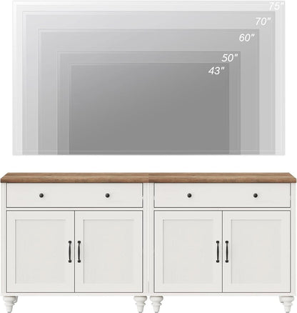 Farmhouse TV Stand For 75 Inch TV Off White 8 Doors