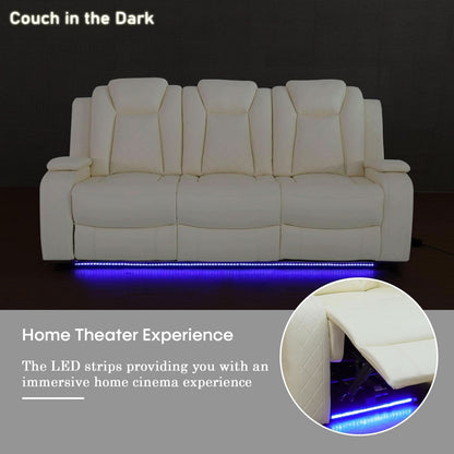 Power Recliner Sofa Set With LED Lights Creamy Finish