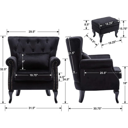 Elegant Black Velvet Wingback Chair With Ottoman Set