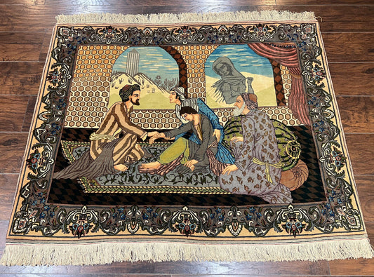 Persian Tabriz Pictorial Rug 4.8 x 3.8, Horizontal Oriental Carpet for Hanging on Wall, Hand Knotted Wool Vintage Fine Carpet, Doctor and Patients