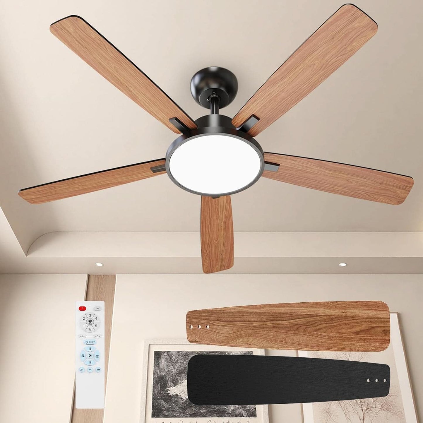 52 Inch Black Ceiling Fan With LED Light And Remote