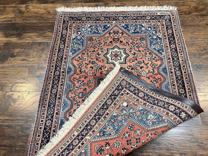Persian Shiraz Rug 3x5, Geometric Tribal Rug, Wool Hand Knotted Vintage Carpet, Light Red & Blue, Signed by Masterweaver