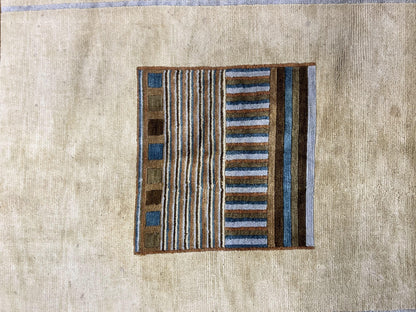 Tibetan Rug 5x8, Contemporary Rug 5 x 8 ft, Cream Brown Blue Hand-Knotted Wool w/ Silk Highlights Tibetan Carpet, Modern Rug