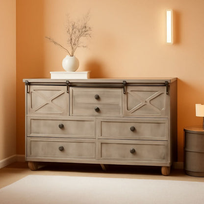 Six Drawer Dresser Rustic Oakwood Sliding BarnDoor
