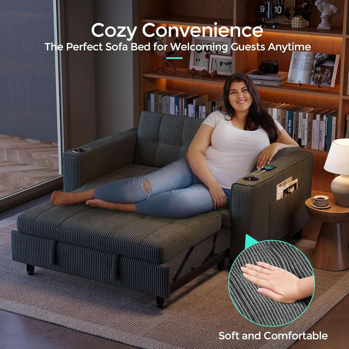 Corduroy Gray 54 Inch Multifunctional Sleeper Sofa