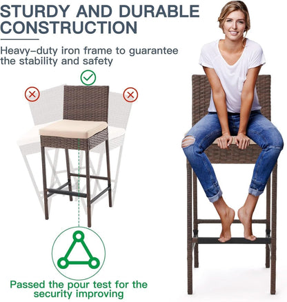 Outdoor Rattan Bar Stools Set with Cushions Comfort