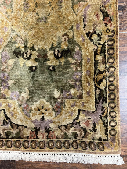Tibetan Runner Rug 2.6 x 10, French Aubusson Pattern, Gold Olive Green, Vintage Handmade European Design, Wool Hallway Rug