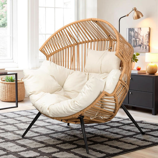 Beige Wicker Egg Chair With Cushion Outdoor Lounge