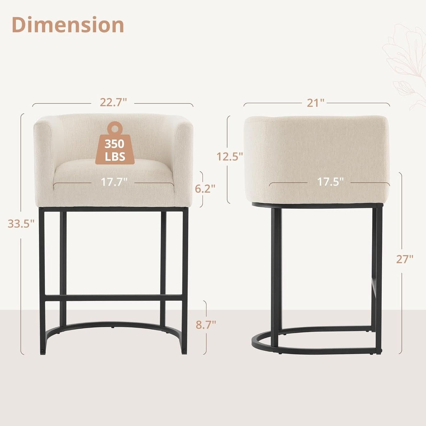27 Inch Counter Height Bar Stool With Backrest And Armrests, Linen Upholstery, Black Metal Frame
