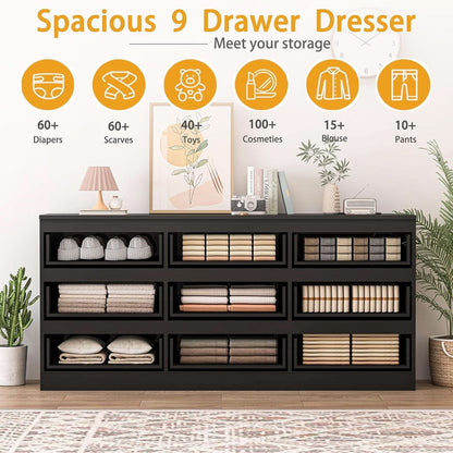 70 Inch Black Dresser With Built In Power Outlets Storage