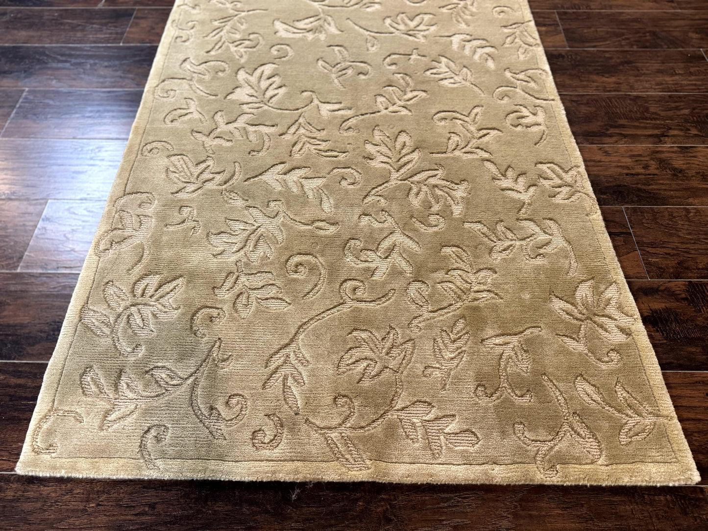 Modern Tibetan Rug 3.7 x 5.5, Carved Floral Design, Wool and Silk Highlights