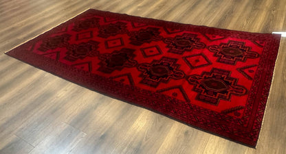 Afghan Rug 4x7, Tribal Carpet, Balouch Rug, Red and Navy Blue, Repeated Medallions, New