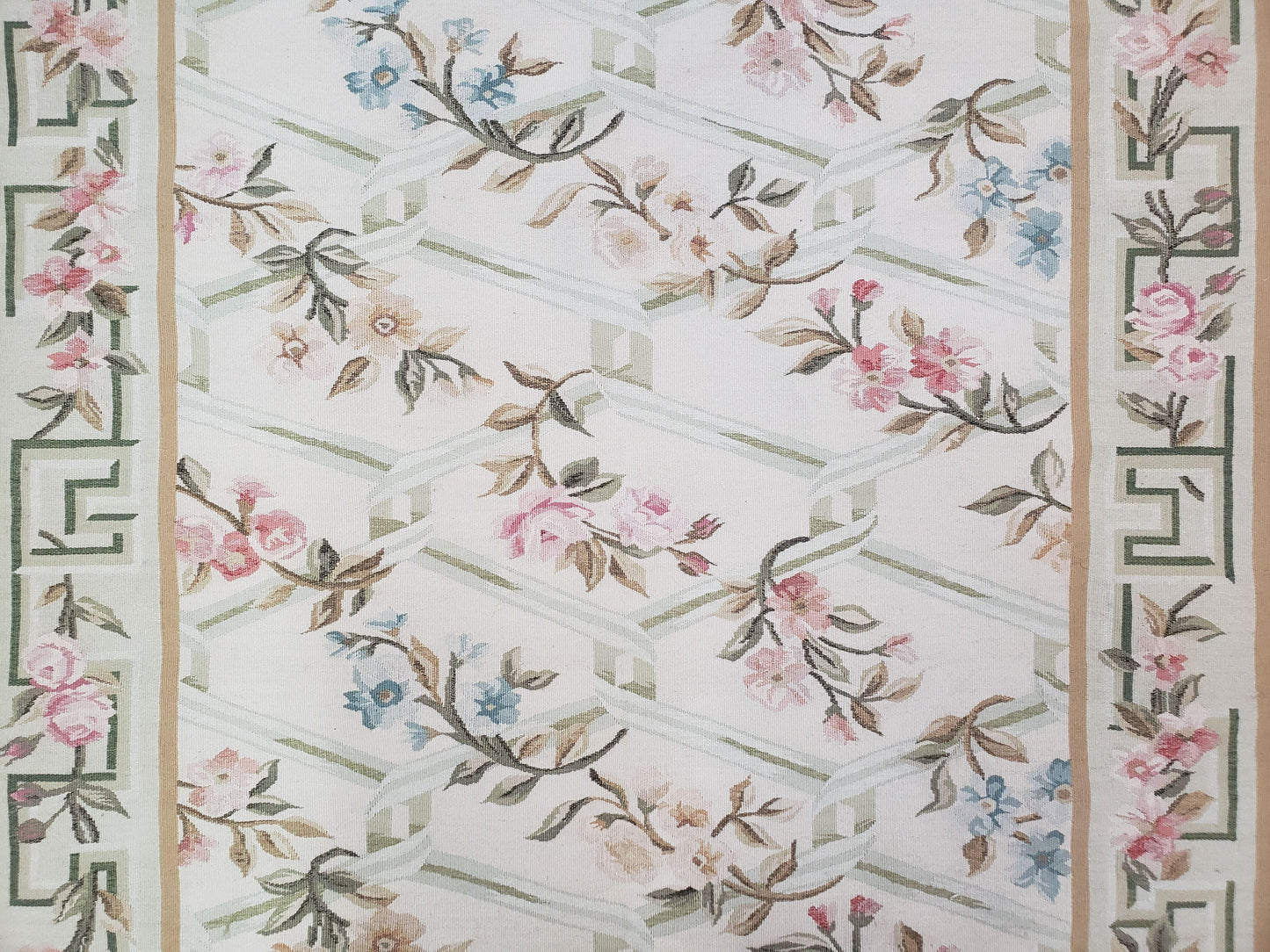 Vintage Aubusson Area Rug, Aubusson Flat weave Carpet, Floral Geometric Pattern, Beige Teal Green, 4x6 Rug, European Design