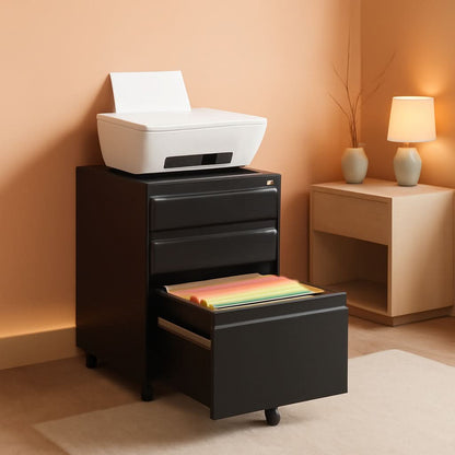 Mobile File Cabinet With Lock And Wheels 3 Drawer Storage