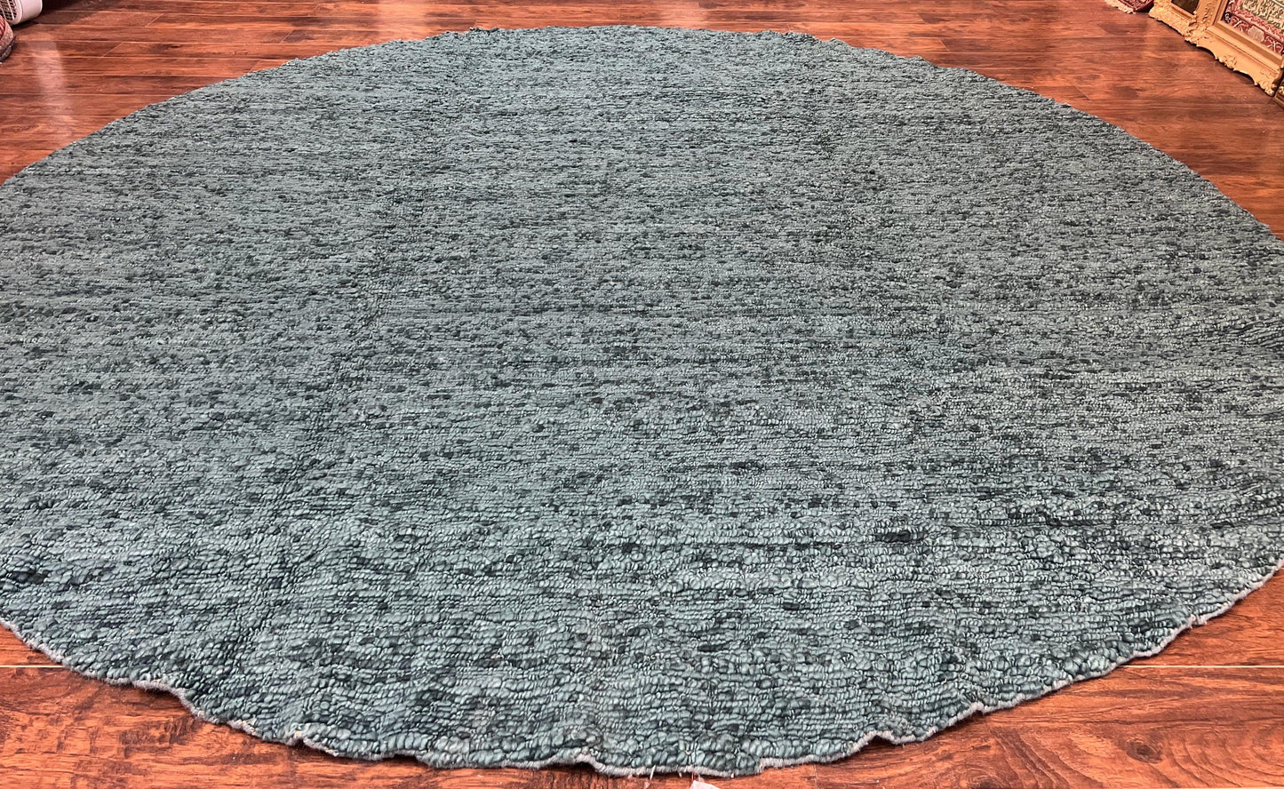 Large Round Indian Rug 11x11, Teal, Vintage Handmade Wool Carpet