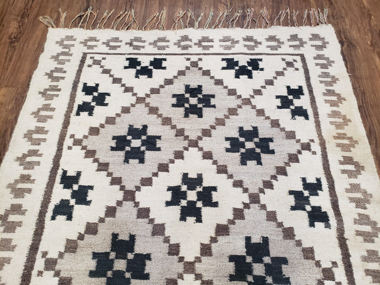 Semi Antique South American Blanket 4x8, Wool Hand-Woven Flatweave Kilim Rug, Handmade Antique Vintage Runner, Ivory & Blue, Diamond Panel