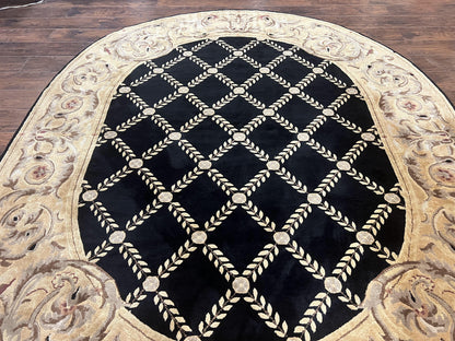 Oval Tibetan Rug 8x10, French Aubusson Design, Wool Handmade Vintage Carpet, Black & Beige, Soft Wool Pile