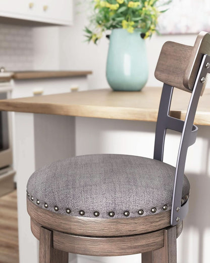 30 Inch Gray Upholstered Swivel Farmhouse Bar Stool
