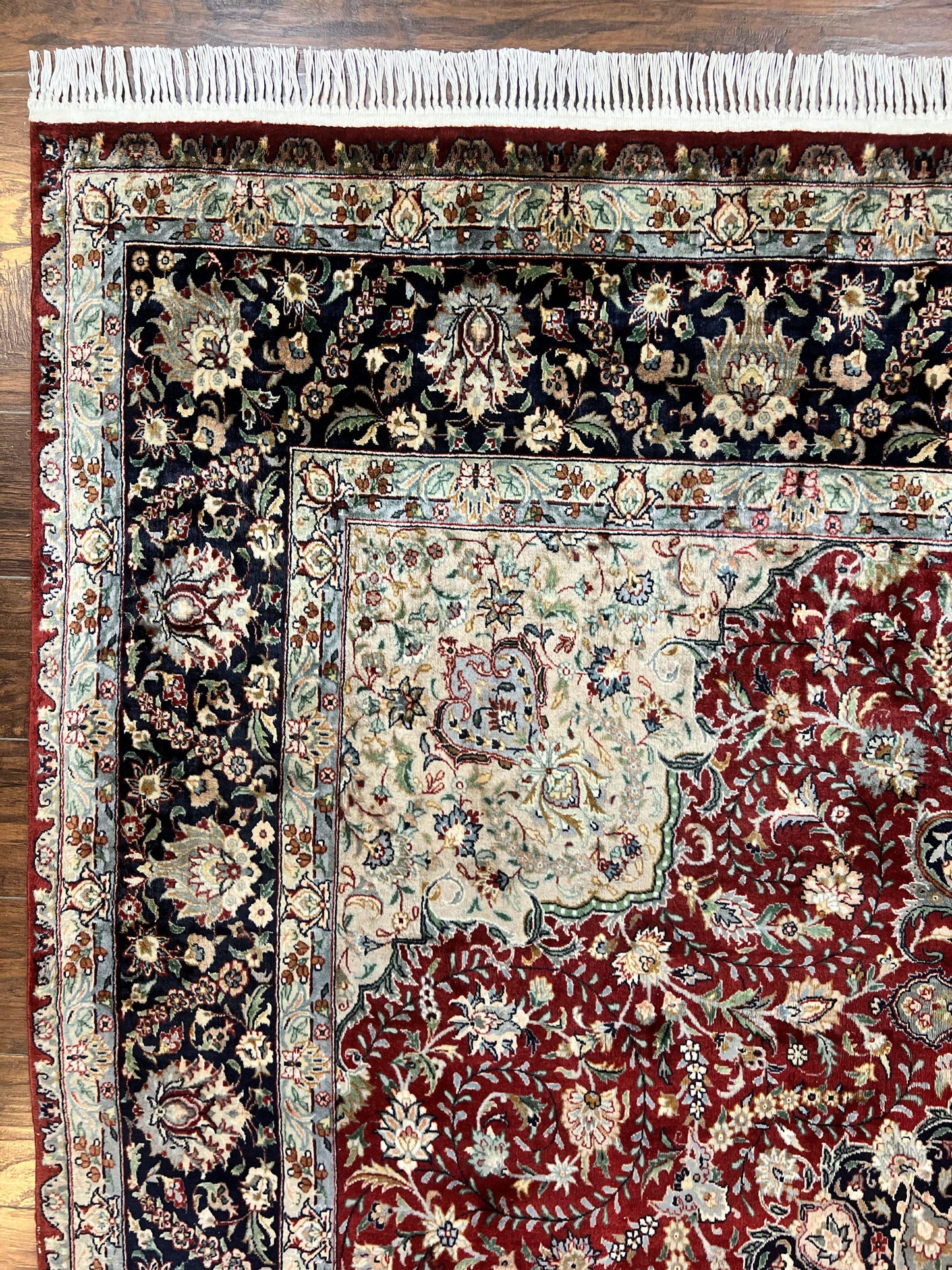 Pak Persian Rug 8x10, Wool Hand Knotted Vintage Carpet, Dark Red & Navy Blue, Dome Design Floral Medallion Rug, 8 x 10 Oriental Rug
