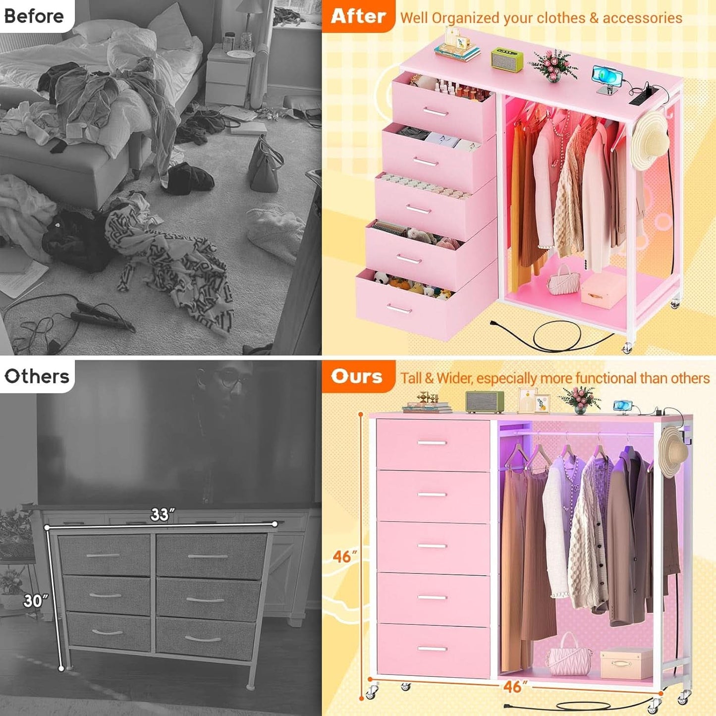 Pink Dresser With Clothes Rack 5 Drawers Charging Station