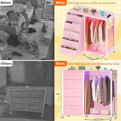Pink Dresser With Clothes Rack 5 Drawers Charging Station