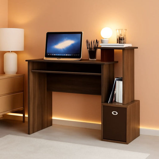 Walnut Compact Desk With Keyboard Tray And Shelves