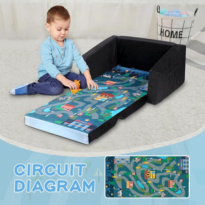 Kids Sofa Bed Black With Storage Pockets For Playroom