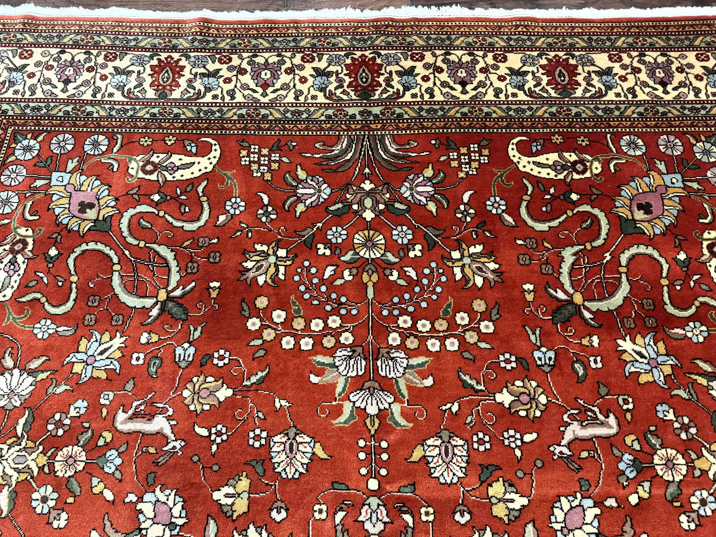 Romanian Rug 10x13, Vintage Handmade Wool Carpet, Floral Pattern, Birds, Red and Cream, Signed By Masterweaver, Persian Rug