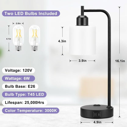 Industrial Touch Bedside Lamps 3-Way Dimmable USB-C