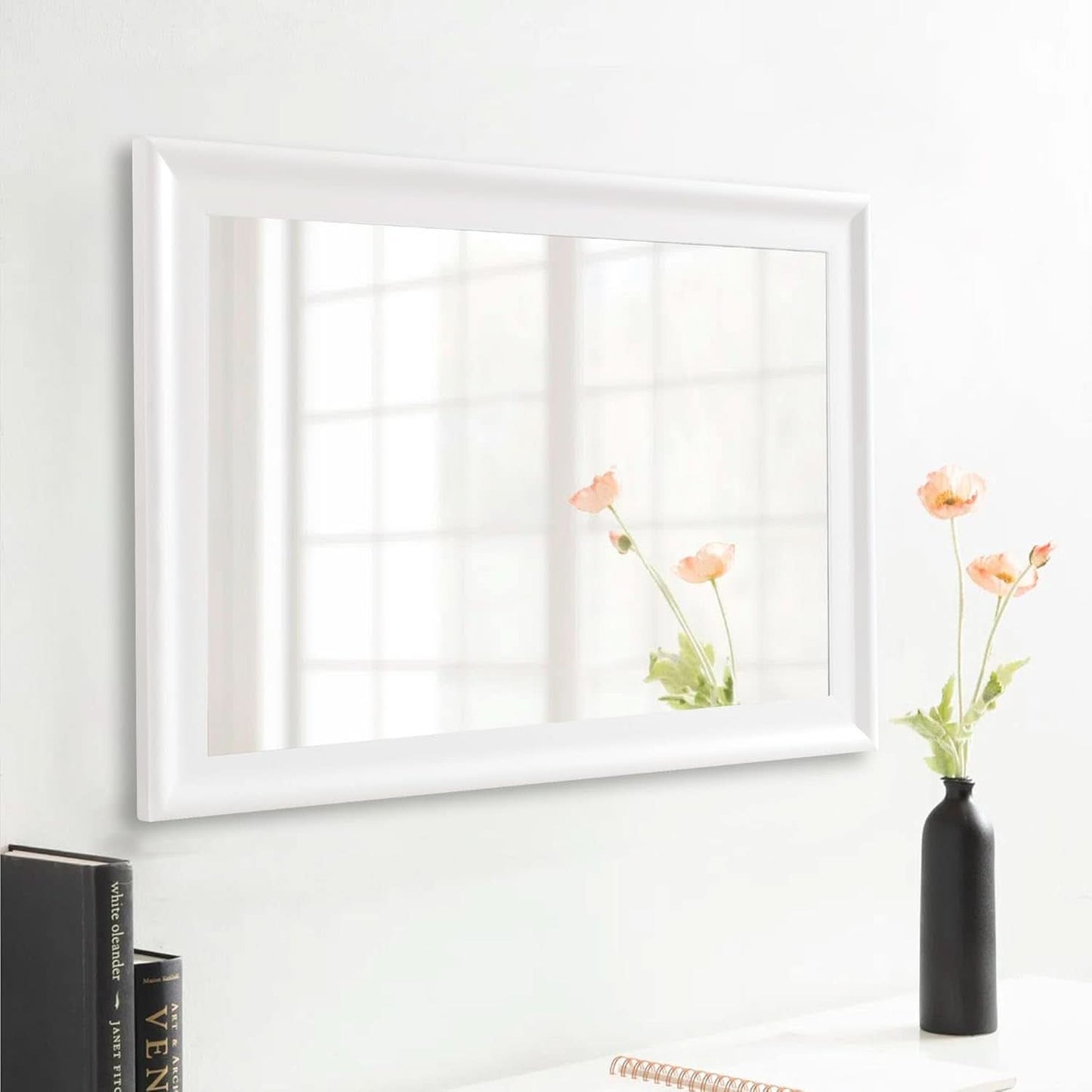 Rectangular White Wood Wall Mirror 24x36 Inches Bathroom