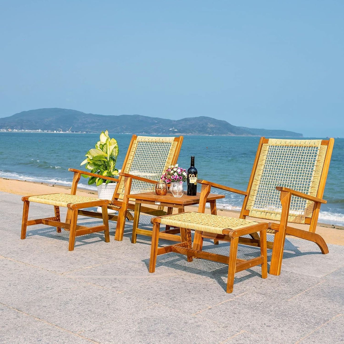 Outdoor Acacia Wood Woven Rattan 5 Piece Patio Set