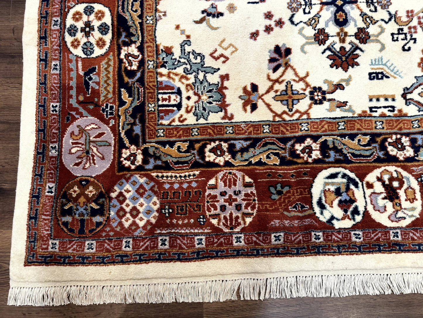 Indo Chinese Wool Rug 9x12, Ivory and Rust Red, Dragon Motifs
