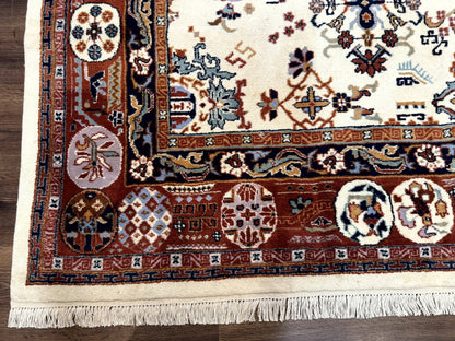 Indo Chinese Wool Rug 9x12, Ivory and Rust Red, Dragon Motifs
